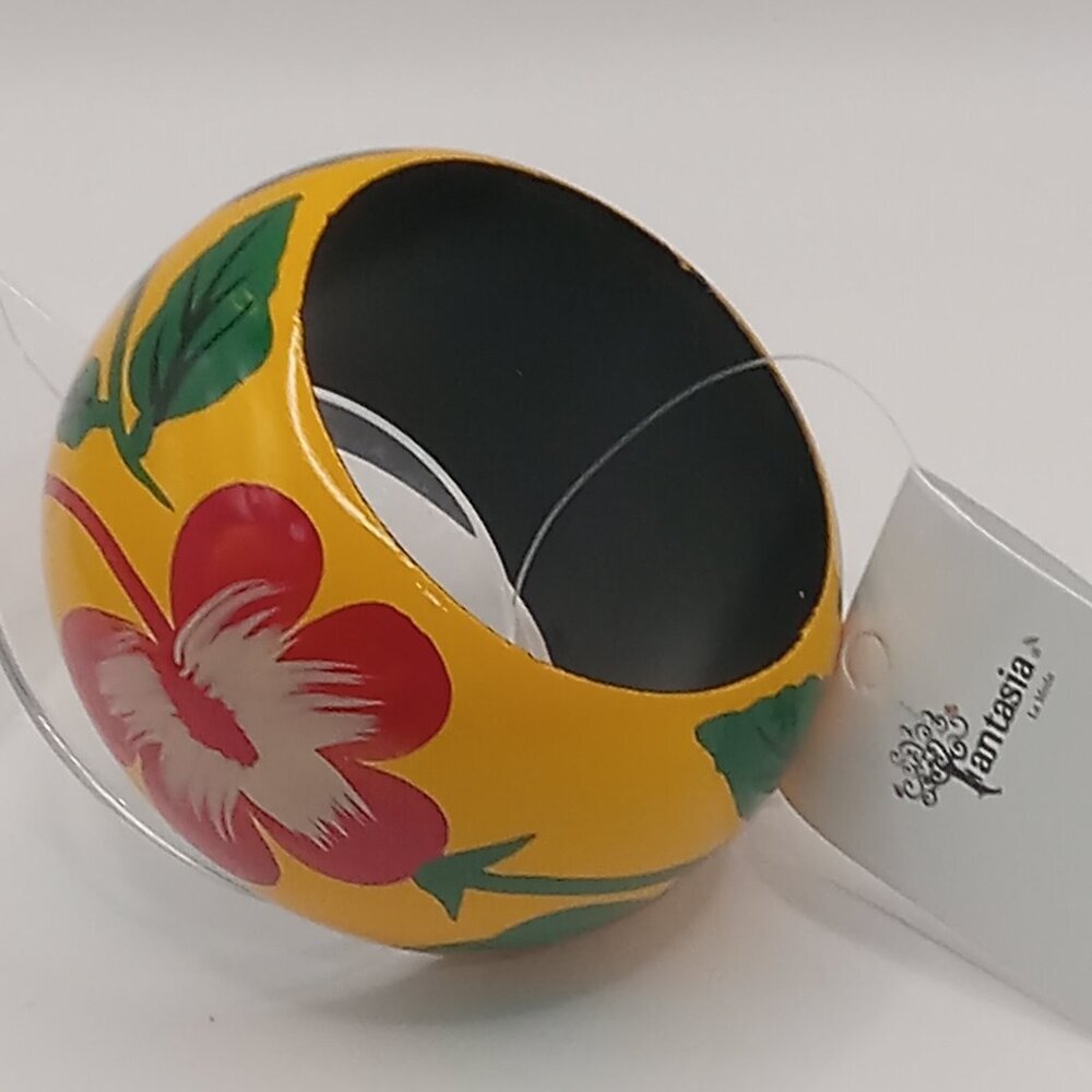 Yellow Floral Boho BANGLE Wood India 2.5" Dia Red Flower SMALL